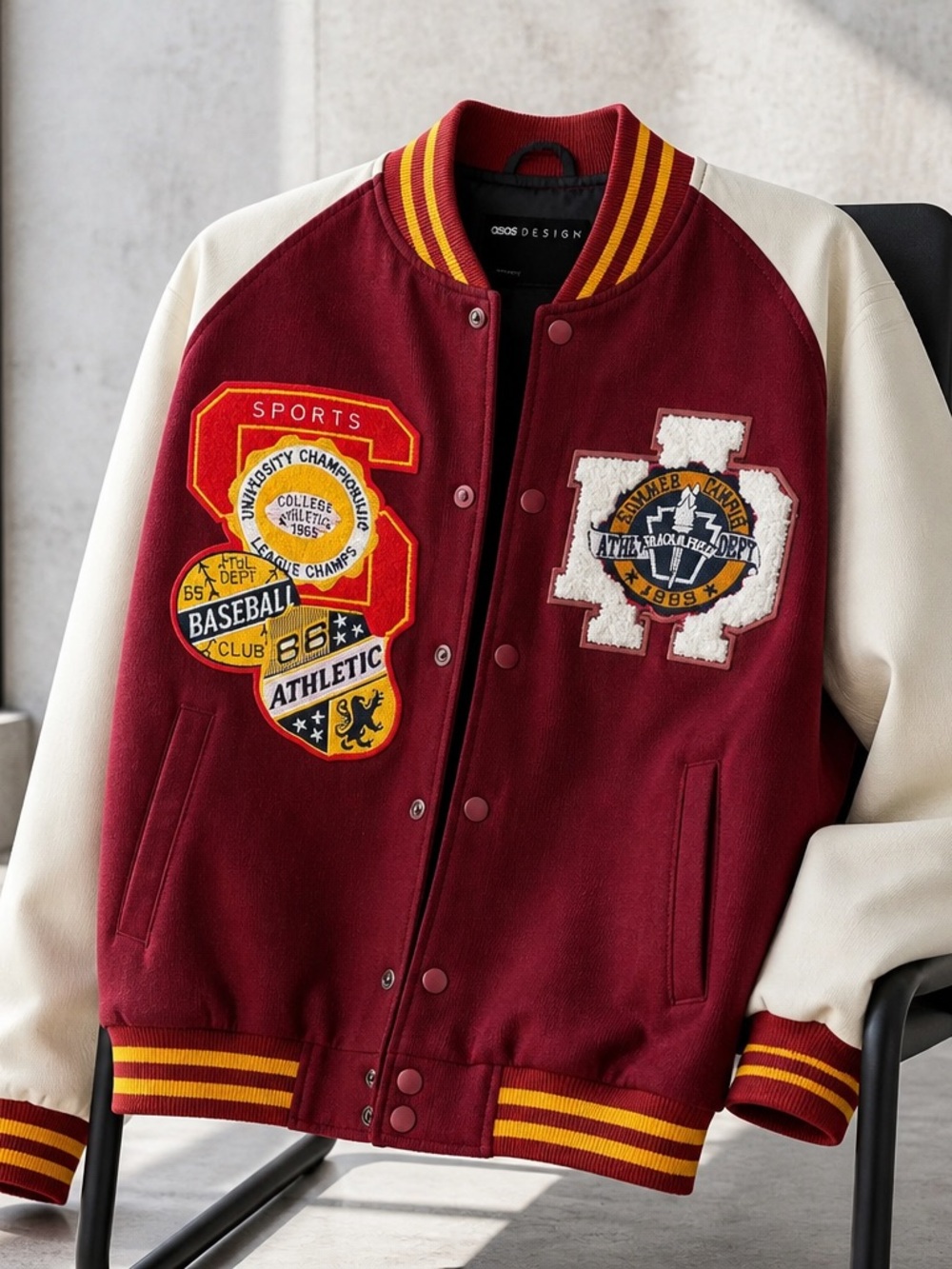 ASOS Burgundy & Cream Varsity Bomber Jacket with Athletic Patches